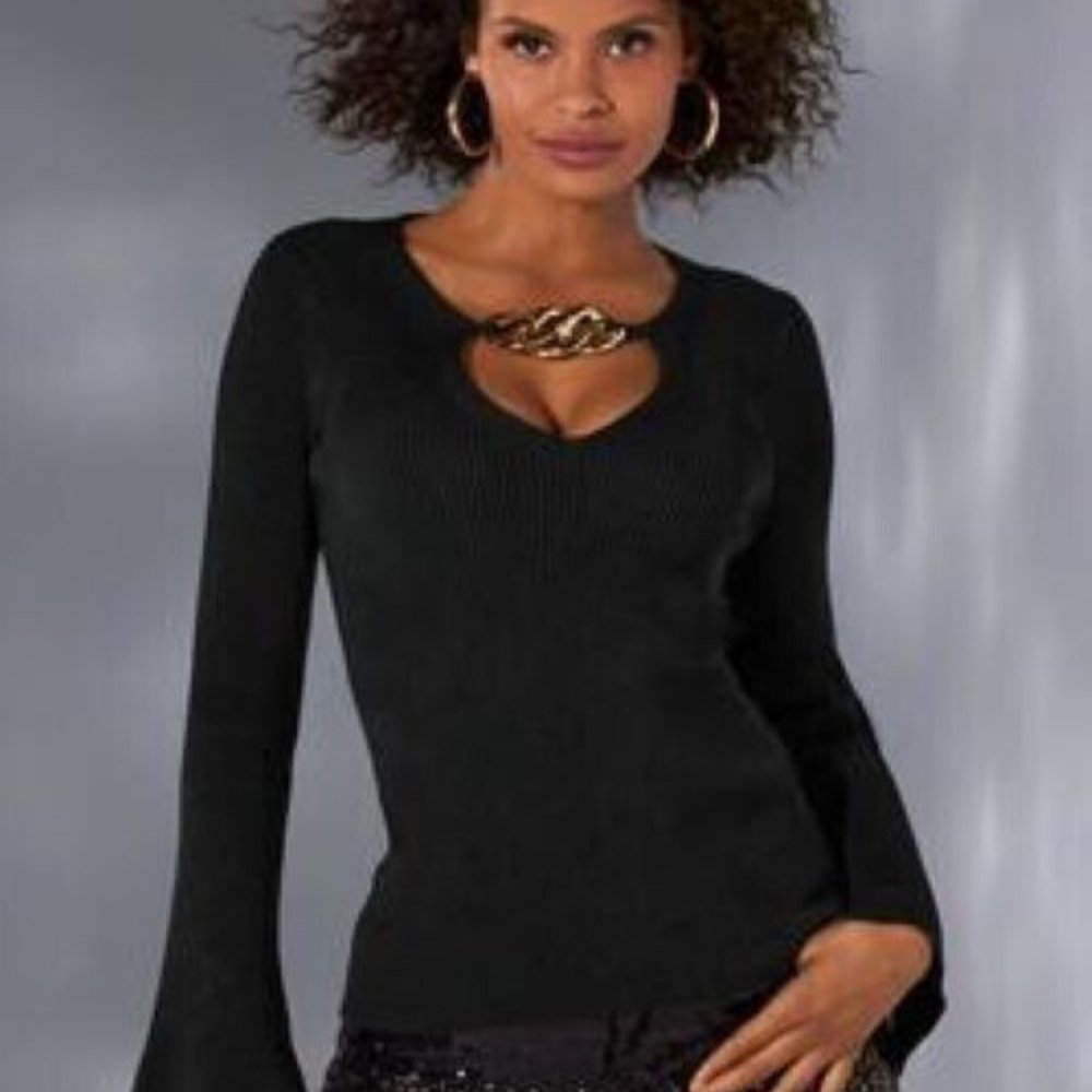 BOSTON PROPER CHAIN DETAIL RIBBED SWEATER SIZE: S